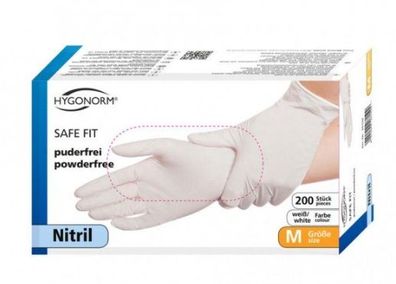Hygonorm Nitril Handschuhe Safe Fit puderfrei weiß Box 200 / 100 Stück Gr. M - L