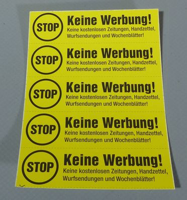 5x Aufkleber "STOP Keine Werbung..." gelb Klebebogen Briefkasten Anti-Reklame