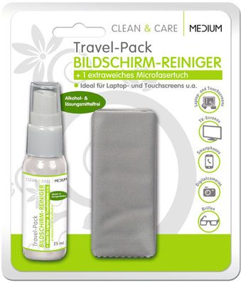 TravelPack Bildschirm-Reiniger25ml CLEAN & CARE extrafeines Microfasertuch 15x18