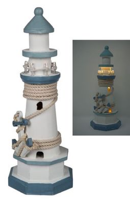 Leuchtturm 30cm mit Tau + Anker blau/ weiss LED Beleuchtung Batteriebetrieb