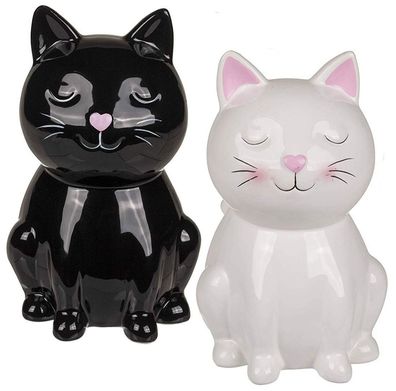 2x Keramik Spardose Katze schwarz und weiß mit Schloss