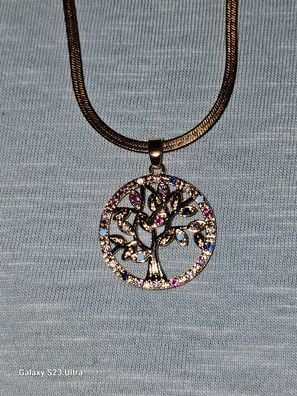 Goldene Edelstahl Halskette mit einem bunten Glücklebensbaum