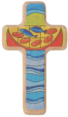 Kinderholzkreuz - Kreuz mit Motiv, Brot und Fische