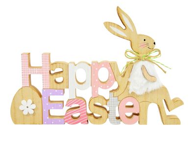Schriftzug Happy Easter mit Hase und Ei | Aufsteller Osterhase Ostern | 29 cm