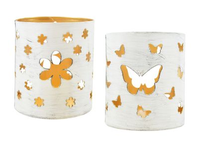 2er Set Windlicht Blume Schmetterling | Metallwindlicht weiß gold | 9x10 cm