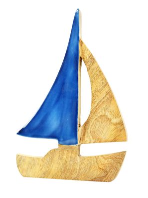 Aufsteller Segelschiff Mangoholz blau | Schiff Boot maritim Holzdeko | 20x13 cm