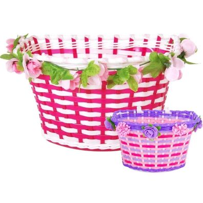 Geflochtener Fahrradkorb mit Blumen-Muster für Mädchen in Weiß/ Rosa