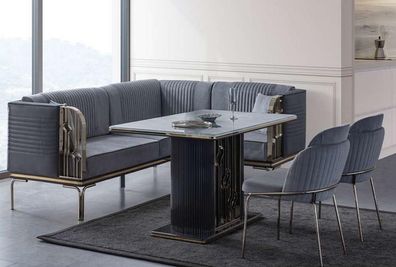 Exklusives Graues Esszimmer Set Luxus Edelstahl Tisch 2x Textil Stühle