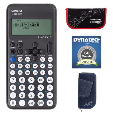 Casio FX-82 DE CW mit Jeans-Tasche, Zirkelset rot und Garantieverlängerung