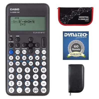 Casio FX-82 DE CW mit schwarzer Tasche, Zirkelset rot und Garantieverlängerung