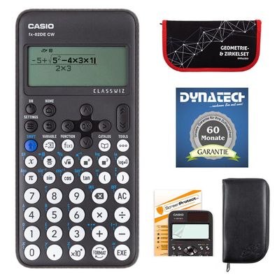 Casio FX-82 DE CW mit Schutztasche, Zirkelset rot, Displayfolie und Garantie