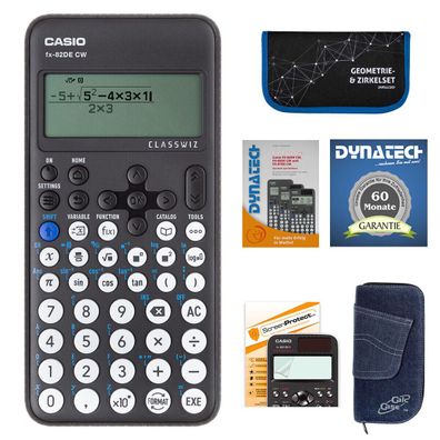 Casio FX-82 DE CW mit Jeans-Tasche, Zirkelset, Displayfolie, Arbeitsbuch, Garantie