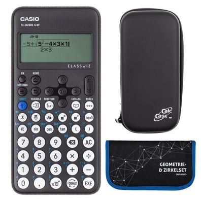 Casio FX-82 DE CW mit CalcCase-Schutztasche und Zirkelset blau (Gr. Taschenrechner)