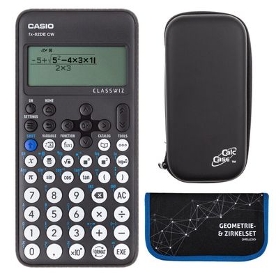 Casio FX-82 DE CW mit CalcCase-Schutztasche und Zirkelset blau