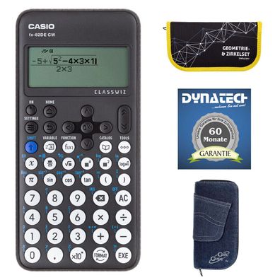 Casio FX-82 DE CW mit Jeans-Tasche, Zirkelset gelb und Garantieverlängerung