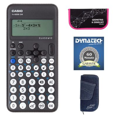 Casio FX-82 DE CW mit Jeans-Tasche, Zirkelset pink + Garantieverlängerung