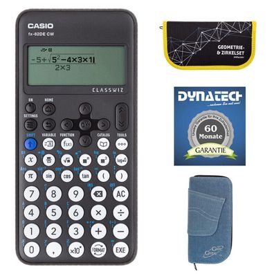 Casio FX-82 DE CW mit Jeans-Tasche hellblau, Zirkelset gelb und Garantie