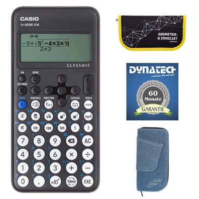 Casio FX-82 DE CW mit Jeans-Tasche hellblau, Zirkelset gelb, Garantieverläng.