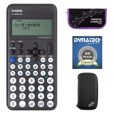 Casio FX-82 DE CW + Hardcase-Schutztasche, Zirkelset lila, Garantieverlängerung