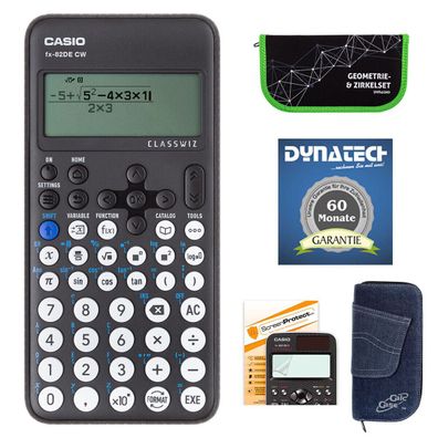 Casio FX-82 DE CW mit Jeans-Tasche, Zirkelset grün, Displayfolie und Garantie