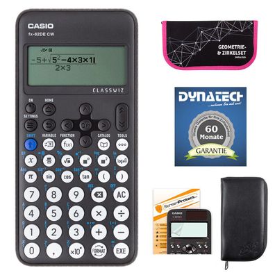 Casio FX-82 DE CW mit Schutztasche, Zirkelset pink, Displayfolie und Garantie