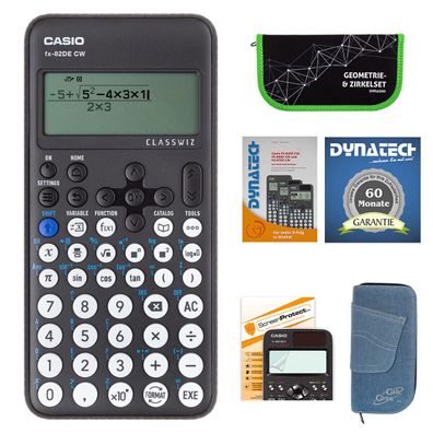 Casio FX-82 DE CW + Jeans-Tasche hellblau, Zirkelset grün, Folie, Buch, Garantie