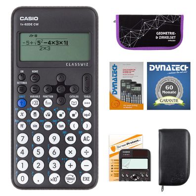 Casio FX-82 DE CW mit schwarzer Tasche, Zirkelset lila, Folie, Buch, Garantie