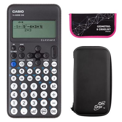 Casio FX-82 DE CW mit CalcCase-Schutztasche und Zirkelset pink