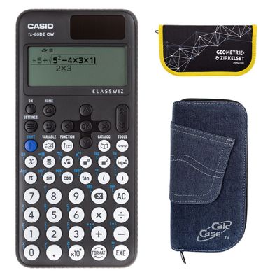 Casio FX-85 DE CW mit Jeans-Tasche dunkelblau und Zirkelset gelb (Gr. Taschenrechner)
