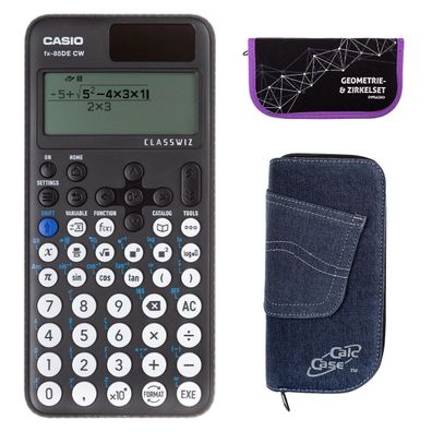 Casio FX-85 DE CW mit Jeans-Tasche dunkelblau und Zirkelset lila (Gr. Taschenrechner)
