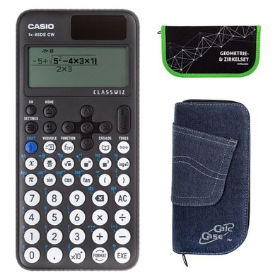 Casio FX-85 DE CW mit Jeans-Tasche dunkelblau und Zirkelset grün (Gr. Taschenrechner)