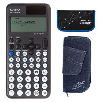 Casio FX-85 DE CW mit Jeans-Tasche dunkelblau und Zirkelset blau (Gr. Taschenrechner)