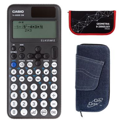 Casio FX-85 DE CW mit Jeans-Tasche dunkelblau und Zirkelset rot (Gr. Taschenrechner)