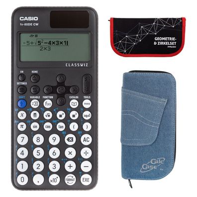 Casio FX-85 DE CW mit Jeans-Tasche hellblau und Zirkelset rot (Gr. Taschenrechner)