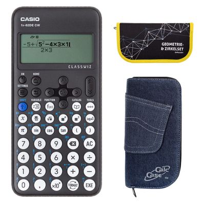 Casio FX-82 DE CW mit Jeans-Tasche dunkelblau und Zirkelset gelb (Gr. Taschenrechner)