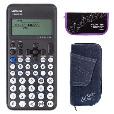 Casio FX-82 DE CW mit Jeans-Tasche dunkelblau und Zirkelset lila (Gr. Taschenrechner)