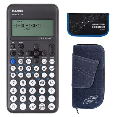 Casio FX-82 DE CW mit Jeans-Tasche dunkelblau und Zirkelset blau (Gr. Taschenrechner)
