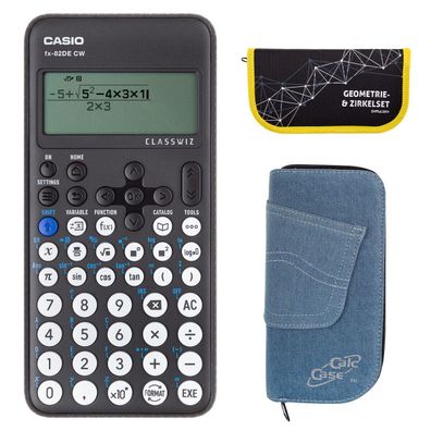 Casio FX-82 DE CW mit Jeans-Tasche hellblau und Zirkelset gelb (Gr. Taschenrechner)