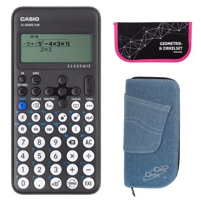 Casio FX-82 DE CW mit Jeans-Tasche hellblau und Zirkelset pink (Gr. Taschenrechner)