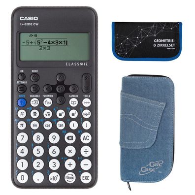Casio FX-82 DE CW mit Jeans-Tasche hellblau und Zirkelset blau (Gr. Taschenrechner)