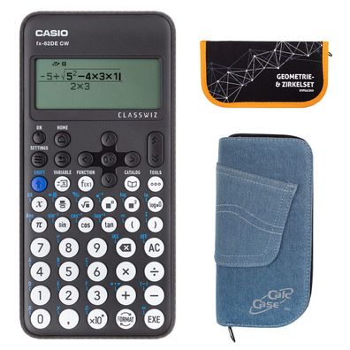 Casio FX-82 DE CW mit Jeans-Tasche hellblau und Zirkelset orange (Gr. Taschenrechner)
