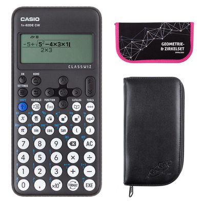 Casio FX-82 DE CW mit schwarzer Tasche und Zirkelset pink (Gr. Taschenrechner)
