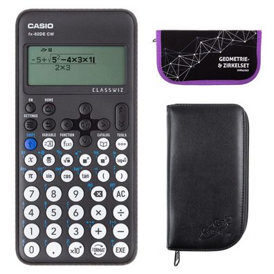 Casio FX-82 DE CW mit schwarzer Tasche und Zirkelset lila (Gr. Taschenrechner)