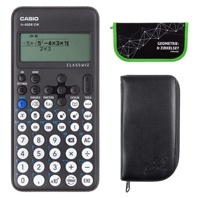 Casio FX-82 DE CW mit schwarzer Tasche und Zirkelset grün (Gr. Taschenrechner)