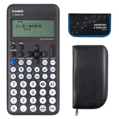 Casio FX-82 DE CW mit schwarzer Tasche und Zirkelset blau (Gr. Taschenrechner)