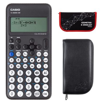 Casio FX-82 DE CW mit schwarzer Tasche und Zirkelset rot (Gr. Taschenrechner)