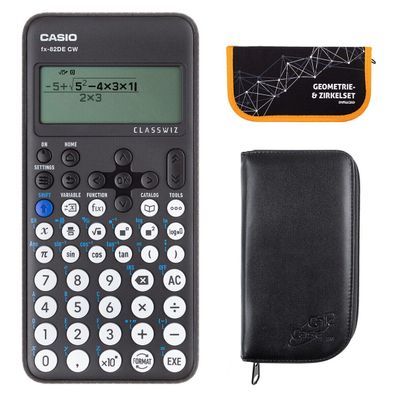 Casio FX-82 DE CW mit schwarzer Tasche und Zirkelset orange (Gr. Taschenrechner)