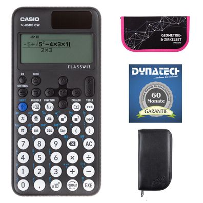 Casio FX-85 DE CW mit schwarzer Tasche, Zirkelset pink und Garantie