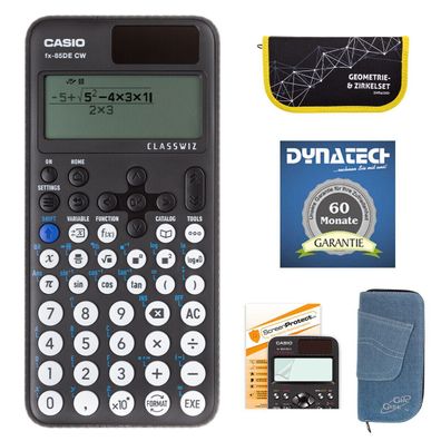 Casio FX-85 DE CW + Jeans-Tasche hellblau, Zirkelset gelb, Schutzfolie, Garantie