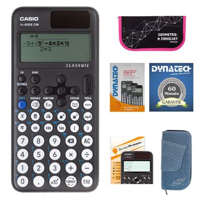 Casio FX-85 DE CW mit Jeans-Tasche hellblau, Zirkelset pink, Folie, Buch, Garantie